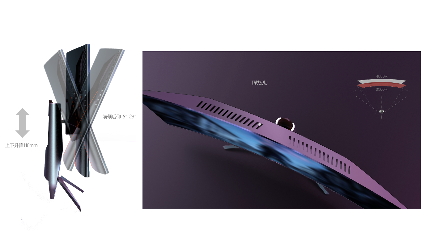 Gaming monitor adjustment and heat dissipation design